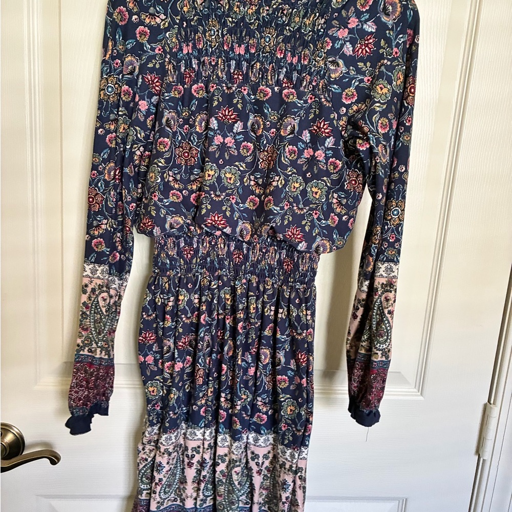 Xtraordinary Navy Floral Smocked Maxi Dress with Pink and Yellow Accents